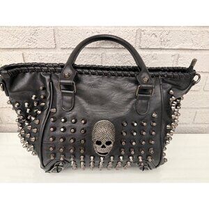 UTO Women's Black Faux Leather Skull Rivet Studded Large Tote Purse Handbag